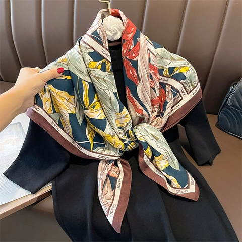 Vintage Tropical Leaf Print Square Scarf Satin Feeling Polyester Shawl Elegant Fashion Neckerchief For Women