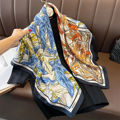 Vintage Tropical Leaf Print Square Scarf Satin Feeling Polyester Shawl Elegant Fashion Neckerchief For Women