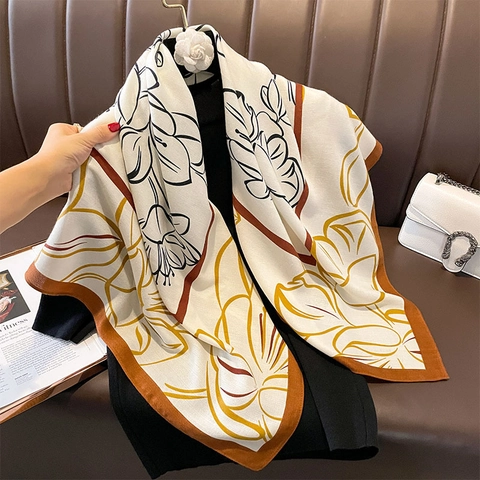 Grand Foulard Carré Imprimé Floral Satin Polyester Aspect Satin Châle Élégant Pour Femme Accessoire De Mode