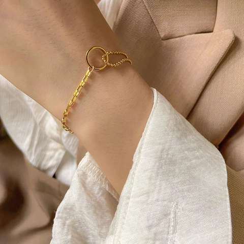 Bracciale Asimmetrico Acciaio Al Titanio Placcato Oro Cerchio Cavo Geometrico Catena A Sfere E Rettangoli Gioielli Minimalisti Donna