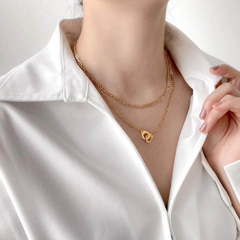 Hip Hop Gold Titanium Steel Double Layered Necklace With Handcuff Pendant Minimalist Figaro Paperclip Chain Jewelry For Women