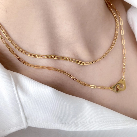 Hip Hop Gold Titanium Steel Double Layered Necklace With Handcuff Pendant Minimalist Figaro Paperclip Chain Jewelry For Women