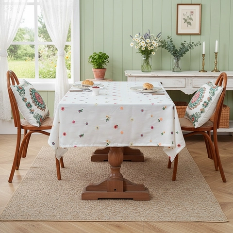 Tovaglia Pastorale Ricamata Floreale Bianca Poliestere Chiffon Rettangolare Antipolvere Per Sala Da Pranzo Casa Decorazione