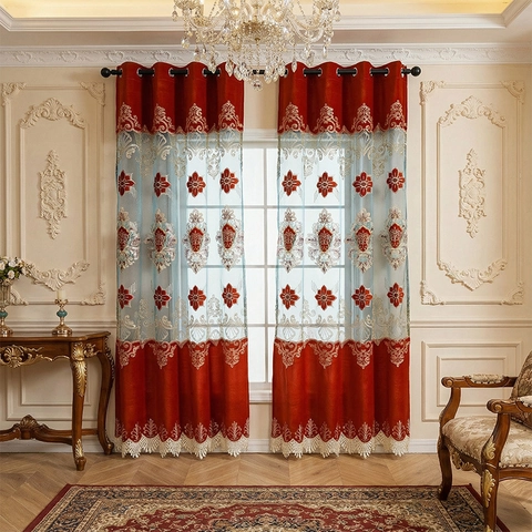 Luxury European Embroidered Finished Curtain Polyester Floral Design Gold Thread Grommet Top For Living Room Bedroom