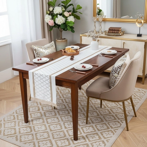 Chemin de Table Vintage Bohème Tissage Ajouré Motif Géométrique Losange Avec Glands Pour Salle à Manger Mariage Décoration