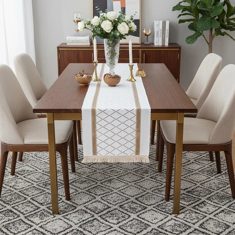 Chemin de Table Vintage Bohème Tissage Ajouré Motif Géométrique Losange Avec Glands Pour Salle à Manger Mariage Décoration