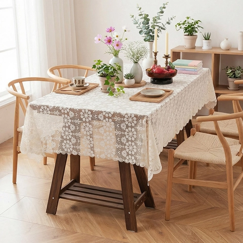 Nappe en Dentelle Crème Vintage Français Motif Floral Ajouré Avec Bord Festonné Couvre Table en Poliestere Décor