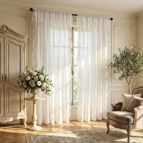 Rideau Voilage à Volants Rétro Français pour Salon Chambre à Coucher Filtrage de la Lumière Polyester Voile Fantôme Passant de Tringle