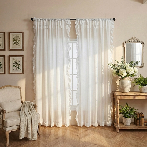French Style Ruffle Polyester Curtain Solid Color Semi Shading Window Drapes For Bedroom Living Room Rod Pocket Decor