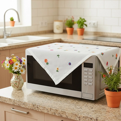 Pastoral Floral Embroidered Multifunctional Dust Cover Polyester Lace Tablecloth For Bedside Table Microwave Oven Printer Fridge
