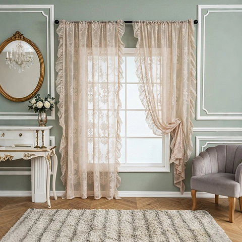 French Vintage Princess Style Lace Curtain With Ruffles Floral Damask Pattern Rod Pocket Semi Sheer Window Treatment
