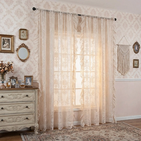 French Vintage Princess Style Lace Curtain With Ruffles Floral Damask Pattern Rod Pocket Semi Sheer Window Treatment