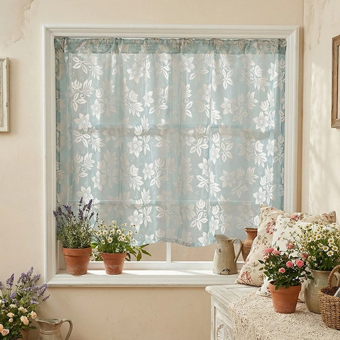 Rideau de Dentelle Bleu Clair Pastoral Pour Salon Chambre Motif Floral Poche à Tringle Rideau de Café Panneaux de Décoration