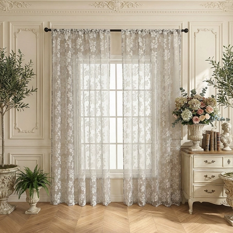 Retro Lace Curtains Sheer Window Tulle Floral Star Embroidery Rod Pocket Light Luxury Voile Panel For Living Room Bedroom
