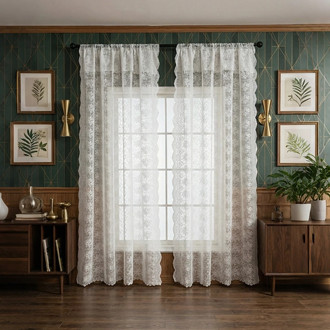 Rideau en Dentelle Blanche Française pour Salon Chambre Motif Floral Bord Festonné Polyester Semi-Transparent Rideau de Porte Déco