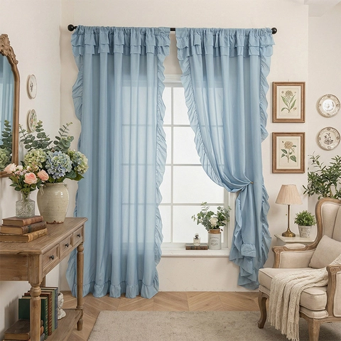 Ruffle Sheer Curtains Romantic French Style Rod Pocket Polyester Voile Window Drapes Living Room Bedroom Light Filtering