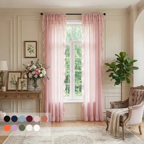 Ruffled Sheer Curtains Polyester Voile Translucent Window Panels Rod Pocket Romantic French Style For Living Room Bedroom