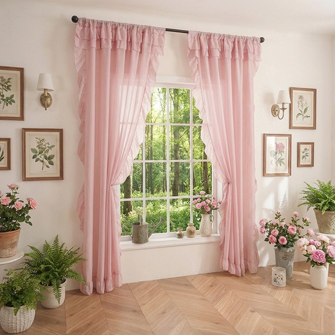 Solid Color Sheer Curtains With Romantic Ruffle Edges Semi Transparent Rod Pocket Polyester Drapes For Living Room Decor