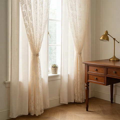 Cortinas Opacas de Chenilla y Encaje de Doble Capa Estilo Crema Francés Decoración de Ventanas Florales Sala de Estar Dormitorio Hogar
