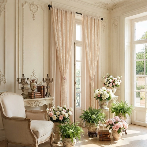 Cortinas Opacas de Chenilla y Encaje de Doble Capa Estilo Crema Francés Decoración de Ventanas Florales Sala de Estar Dormitorio Hogar