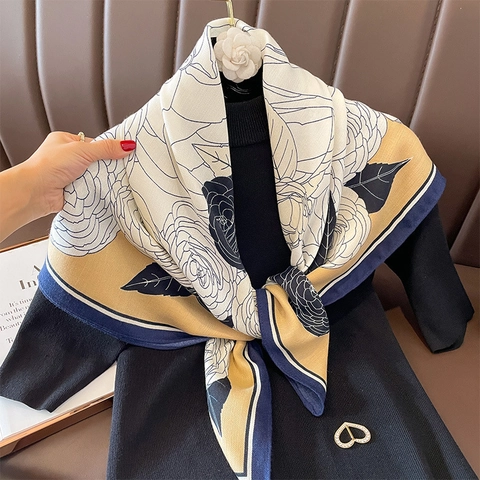 Grand Foulard Carré Polyester Sensation Satin Imprimé Floral Rose Camélia Couleur Contrastée Rétro Élégant Vintage Français Femme