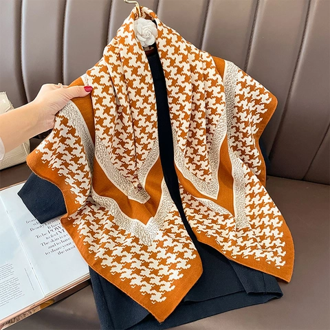Écharpe Carrée Classique À Motif Pied-De-Poule En Polyester Aspect Satin Imprimé Géométrique Accessoire De Mode Élégant Femmes
