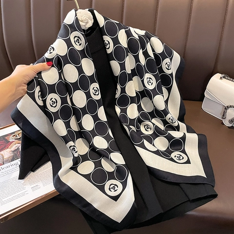 Elegant Camellia Floral Polka Dot Square Scarf French Style Polyester Satin Feeling Shawl For Women Versatile Neck Wrap