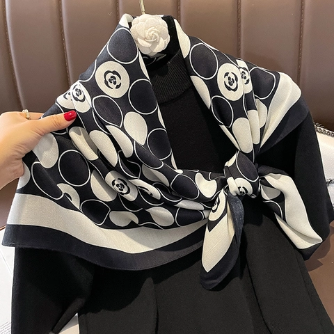 Elegant Camellia Floral Polka Dot Square Scarf French Style Polyester Satin Feeling Shawl For Women Versatile Neck Wrap