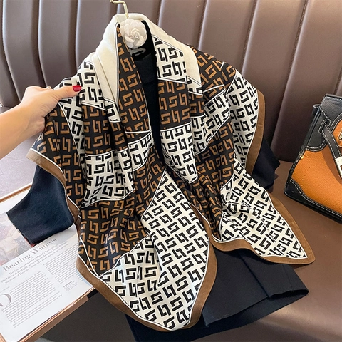 Foulard Carré Élégant Polyester Aspect Satin Imprimé Géométrique Bordure Couleur Contrastée Vintage Léger Pour Femmes