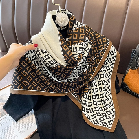 Foulard Carré Élégant Polyester Aspect Satin Imprimé Géométrique Bordure Couleur Contrastée Vintage Léger Pour Femmes