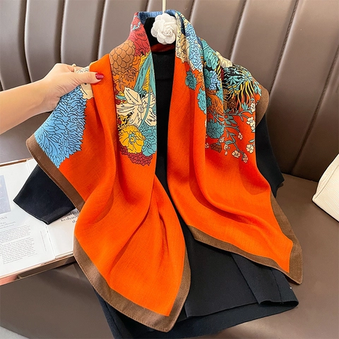 Retro Floral Print Square Scarf Satiny Polyester Shawl For Women Vintage Elegant Neckerchief Contrast Color Wrap