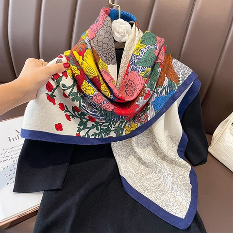 Retro Floral Print Square Scarf Satiny Polyester Shawl For Women Vintage Elegant Neckerchief Contrast Color Wrap