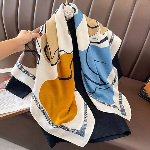Large Square Scarf Polyester Satin Like Abstract Geometric Print Chain Pattern Tassel Elegant Shawl Neckerchief Fashion Women