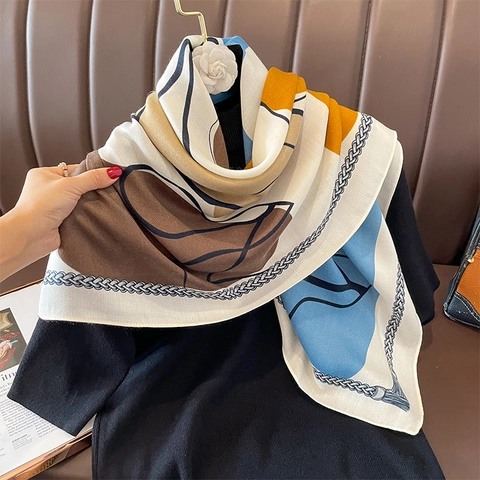 Large Square Scarf Polyester Satin Like Abstract Geometric Print Chain Pattern Tassel Elegant Shawl Neckerchief Fashion Women