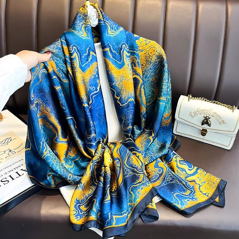 Lange Dames Sjaal Imitatie Satijn Sjaal Abstract Marmerpatroon Vloeiende Kunstprint Elegant Modeaccessoire Omslagdoek