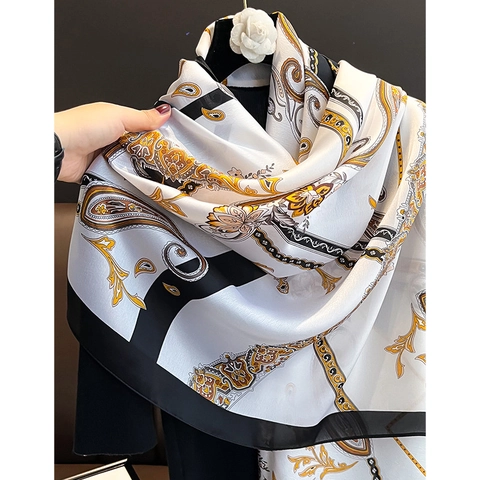 Elegant Faux Satin Scarf Shawl For Women Large Paisley Print Baroque Style Vintage Lightweight Neck Wrap