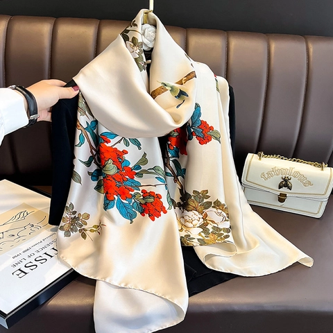 Mode Satinnschal Für Damen Blumen Vogel Druck Lang Leicht Imitat Satin Schal Retro Stil Weich Elegant Accessoire