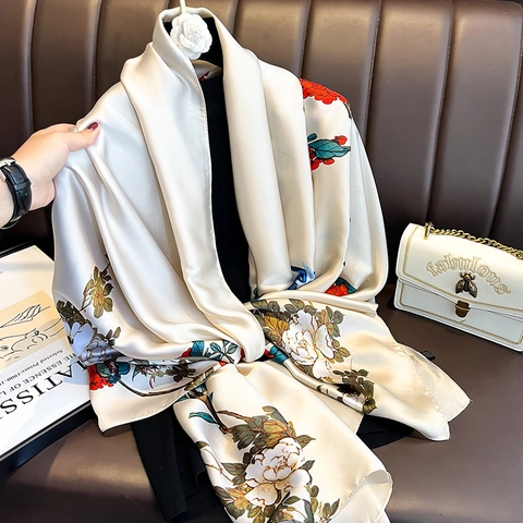 Mode Satinnschal Für Damen Blumen Vogel Druck Lang Leicht Imitat Satin Schal Retro Stil Weich Elegant Accessoire