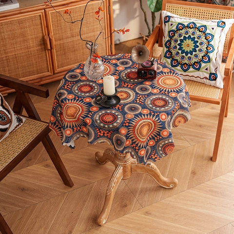 Tablecloth Bohemian Mandala Print Polyester Dustproof Table Cover Scalloped Edge Retro Ethnic Home Dining Decor