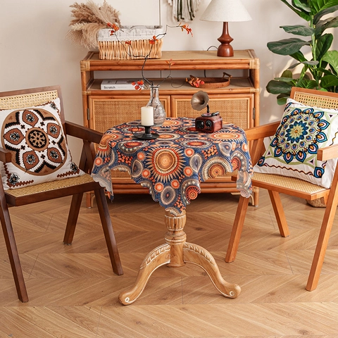 Tablecloth Bohemian Mandala Print Polyester Dustproof Table Cover Scalloped Edge Retro Ethnic Home Dining Decor