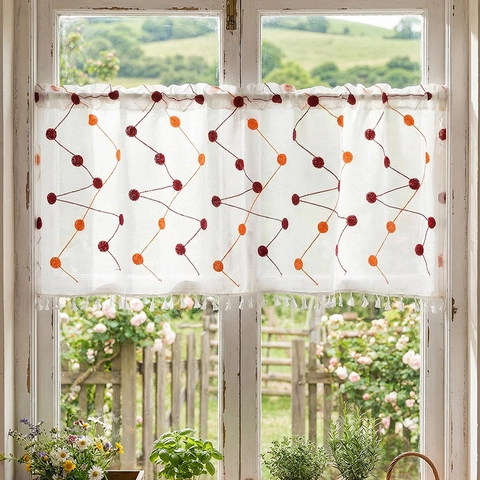 Polka Dot Kaffee Vorhang Polyester Geometrische Stickerei Quaste Pastoraler Amerikanischer Landhausstil Kurze Halbtürvorhang