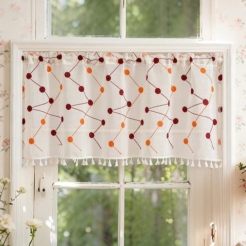 Polka Dot Kaffee Vorhang Polyester Geometrische Stickerei Quaste Pastoraler Amerikanischer Landhausstil Kurze Halbtürvorhang
