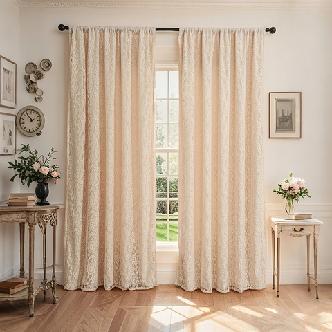 French Vintage Double Layer Lace Blackout Curtains For Living Room Bedroom Polyester Floral Warp Knitted Rod Pocket Milk Tea Color Curtains
