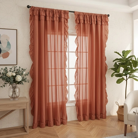 Ruffle Window Curtains Sheer Voile Panels Polyester French Retro Rod Pocket Semi Transparent Drapery
