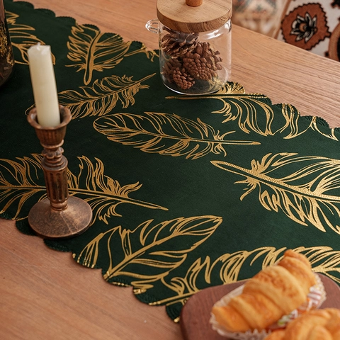 Runner da Tavolo Bohémien con Motivo a Piume Bronzate Bordo Smerlato Tovaglia Decorativa per Sala da Pranzo Festa Casa Decorazione