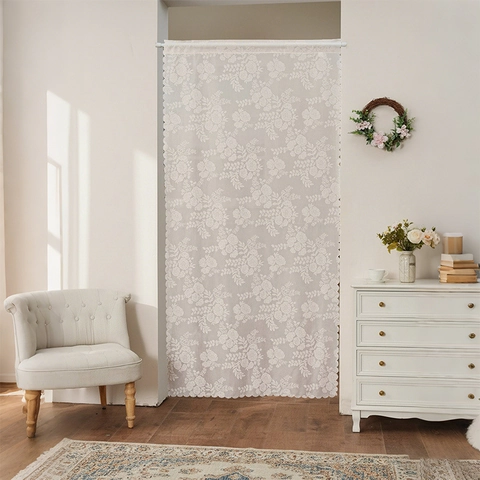 Vintage Lace Door Curtain Floral Embroidery Scalloped Edges Polyester Partition Hanging Curtain For Bedroom Kitchen Home Decor