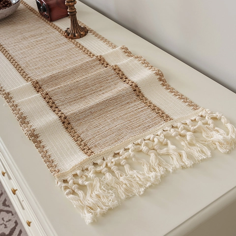 Bohemian Woven Table Runner With Tassels Striped Polyester Linen Look Decorative Farmhouse Table Cloth For Dining Room Home Party