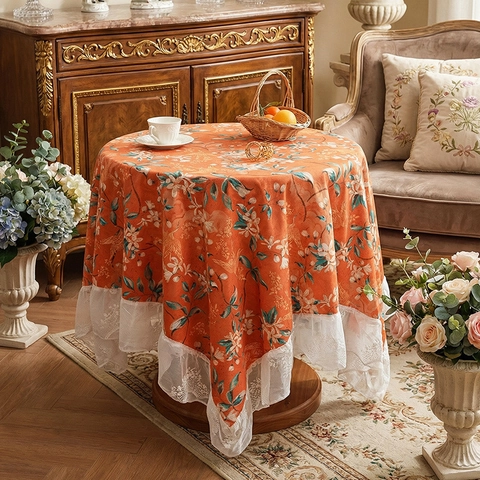French Vintage Floral Crane Print Tablecloth With Lace Ruffle Edge Polyester Chenille Decorative Table Cover For Dining Home