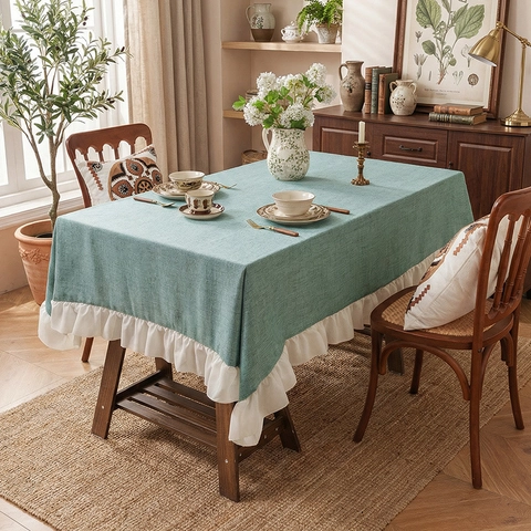Tovaglia Di Colore Solido Stile Vintage Francese Con Volant Poliestere Stile Lino Rettangolare Copertura Decorativa