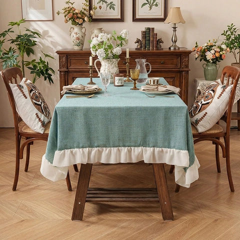 Tovaglia Di Colore Solido Stile Vintage Francese Con Volant Poliestere Stile Lino Rettangolare Copertura Decorativa